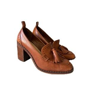 Vince Camuto Cianna Block High Heel Chunky Tassel Loafer Brown Leather SZ 7.5